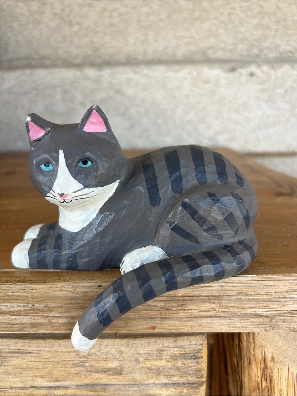 H&M Gray & White Striped Cat Figurine with Blue Eyes